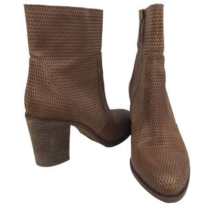 HINGE Ankle Boots Chestnut Brown Leather Honeycomb Texture Block Heel Size 7